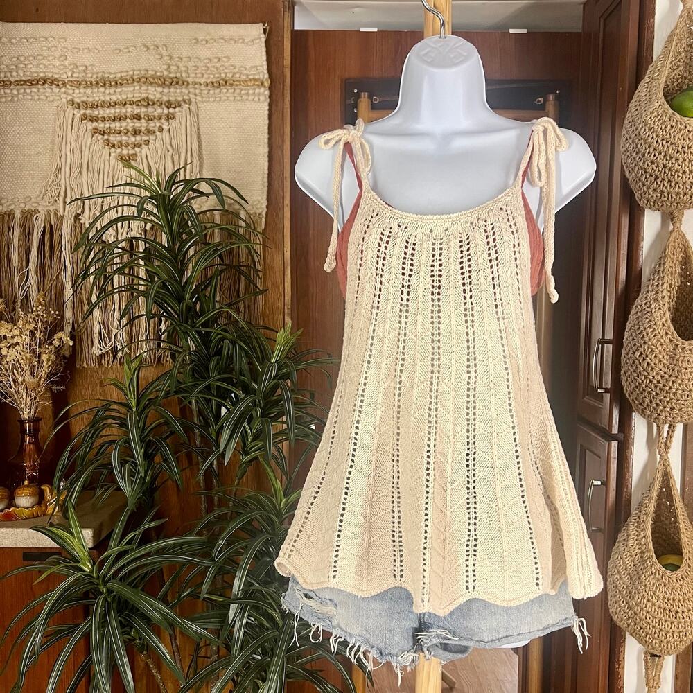 Cream Cotton Crochet Sweater Tank Open Knit Tie Strap Boho Festival Top M Beach